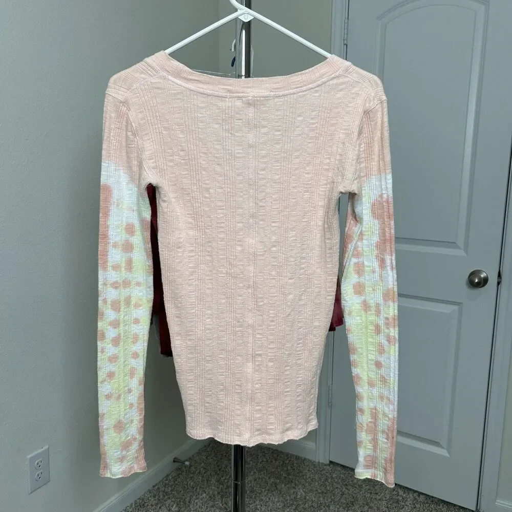 Free People Big Sur Tee Pink Tie Dye Thermal Knit Scoop Neck Top Small